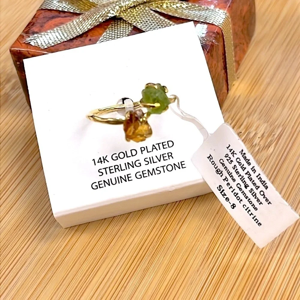 Brand New 14K Gold Plated Sterling Silver Genuine Gemstone Peridot Citrine Ring